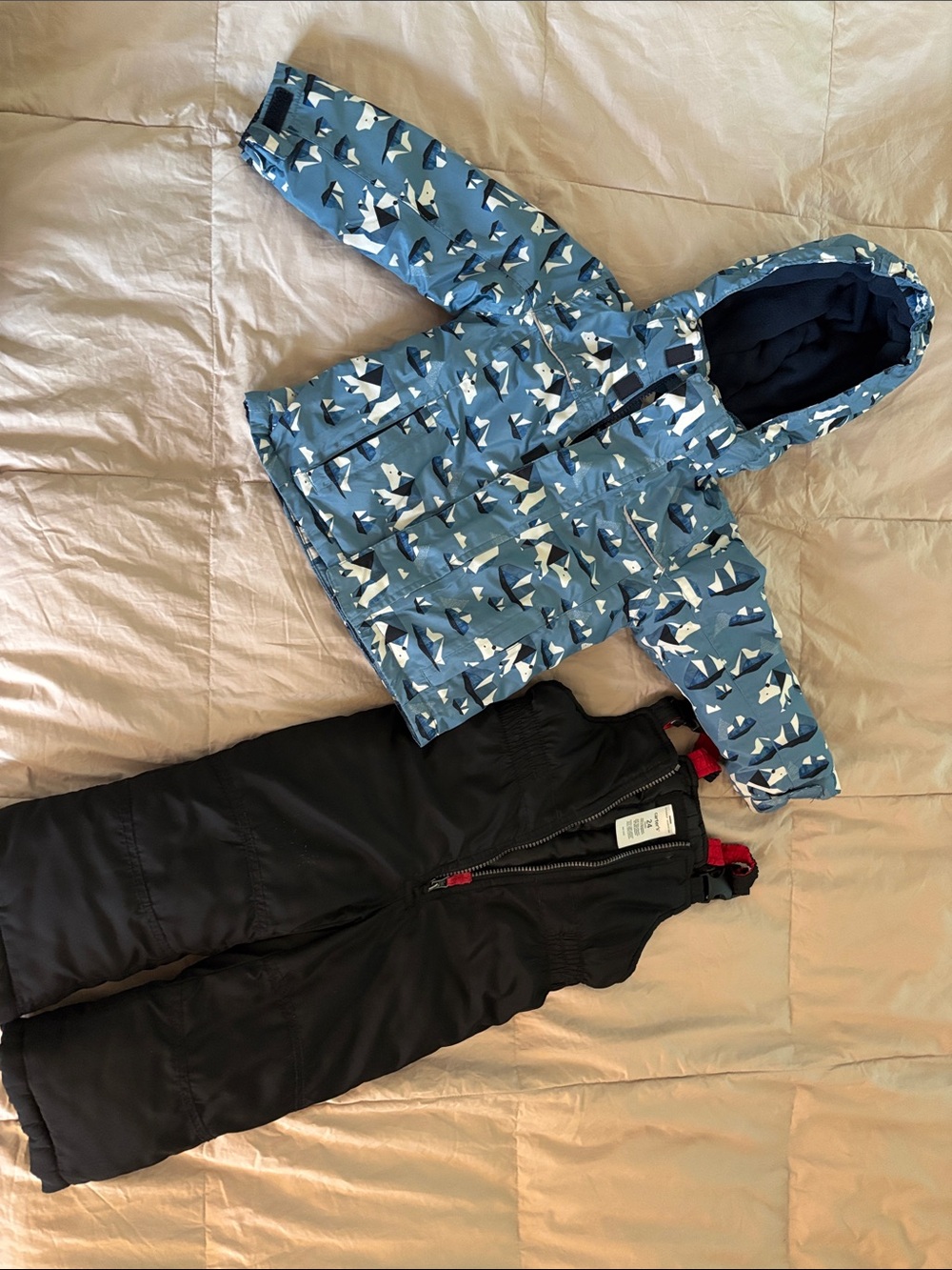 Blue Patterned Kids Winter Jacket and Black Snow Bib Set